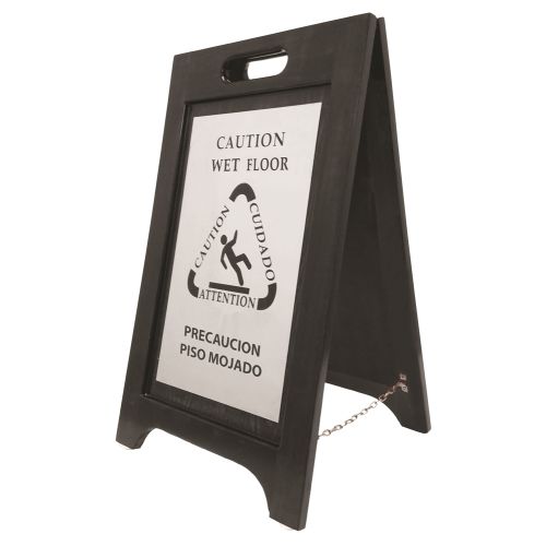 Cartel de Precaución para Piso Mojado Hospitality 1 Source®, Bilingüe en Inglés, Español, Madera Negra, Placa de Níquel